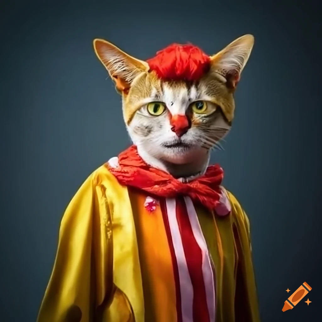 A cat dressed as a circus clown and wearing stilts