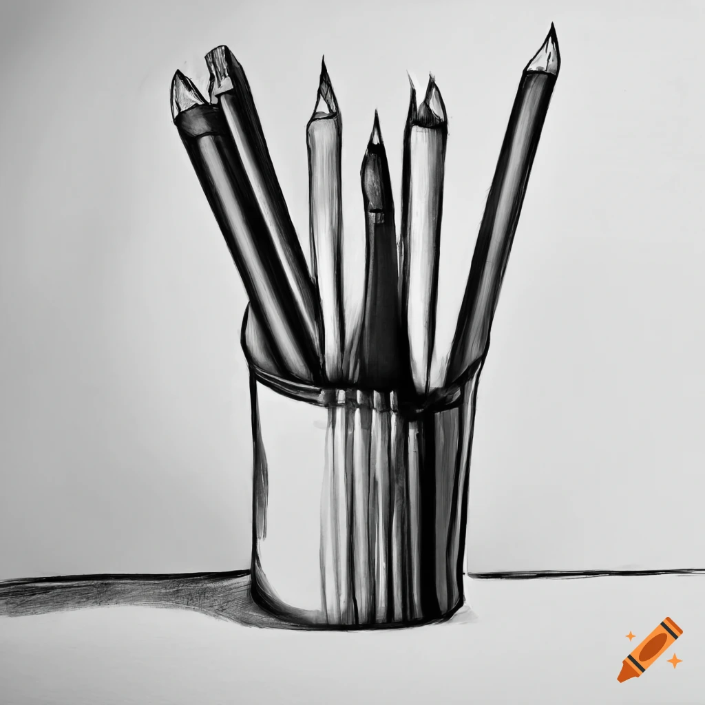 Black and white pencil drawing of art supplies on white paper on Craiyon