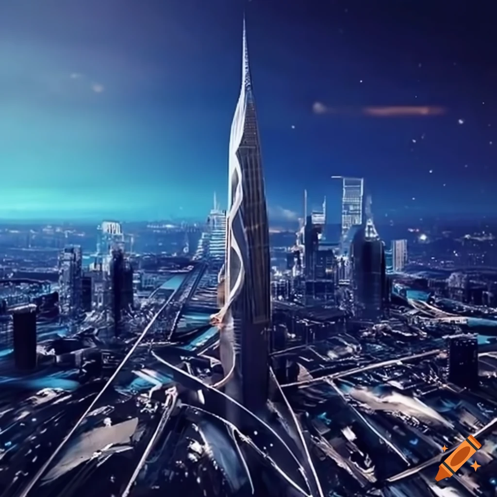 Imagine a futuristic cityscape with towering skyscrapers and advanced ...