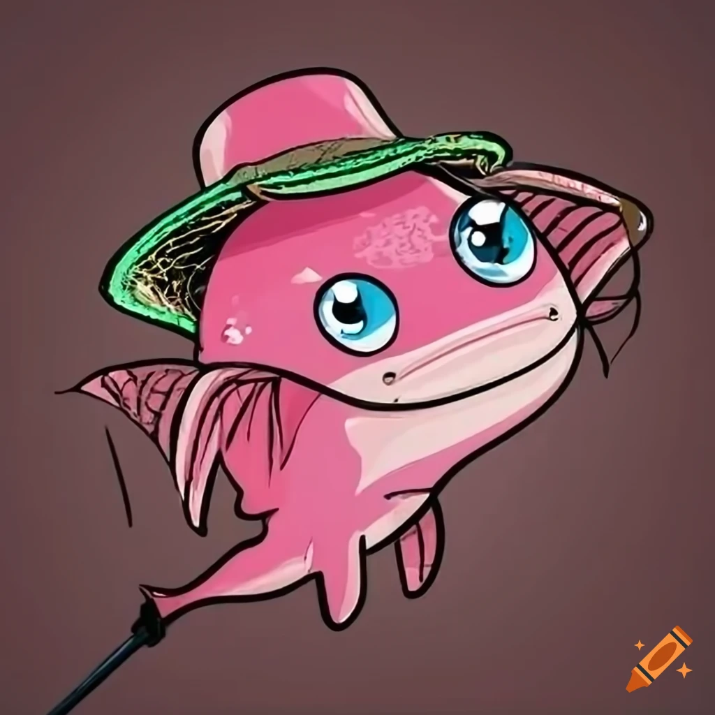 Cute pink catfish wearing a straw hat holding a fishing pole on