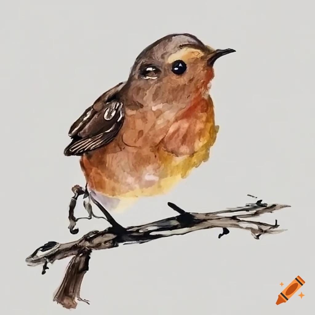 Watercolor painting of a small bird on a tree branch on Craiyon