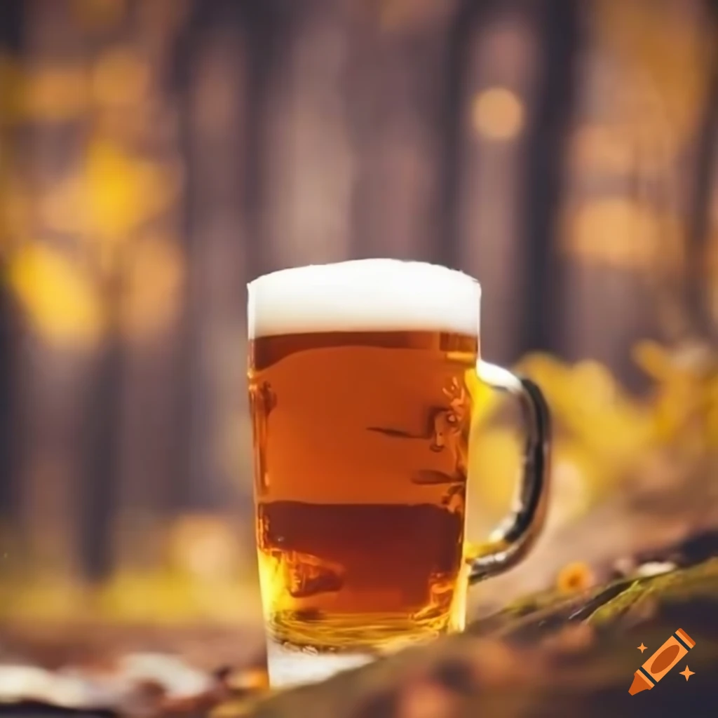 A glass of amber beer in an autumn forest