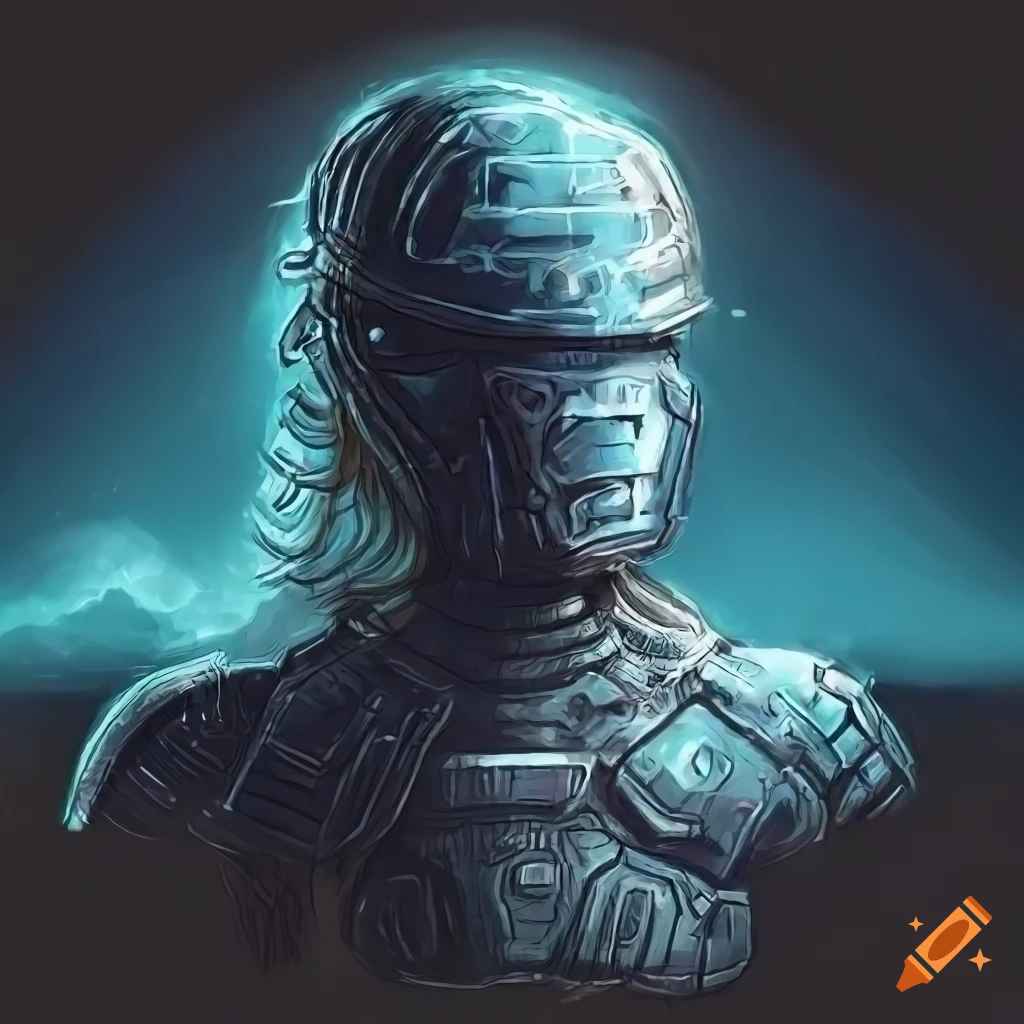 Portrait of a person in sci-fi armor scanning surrounding landscape on ...
