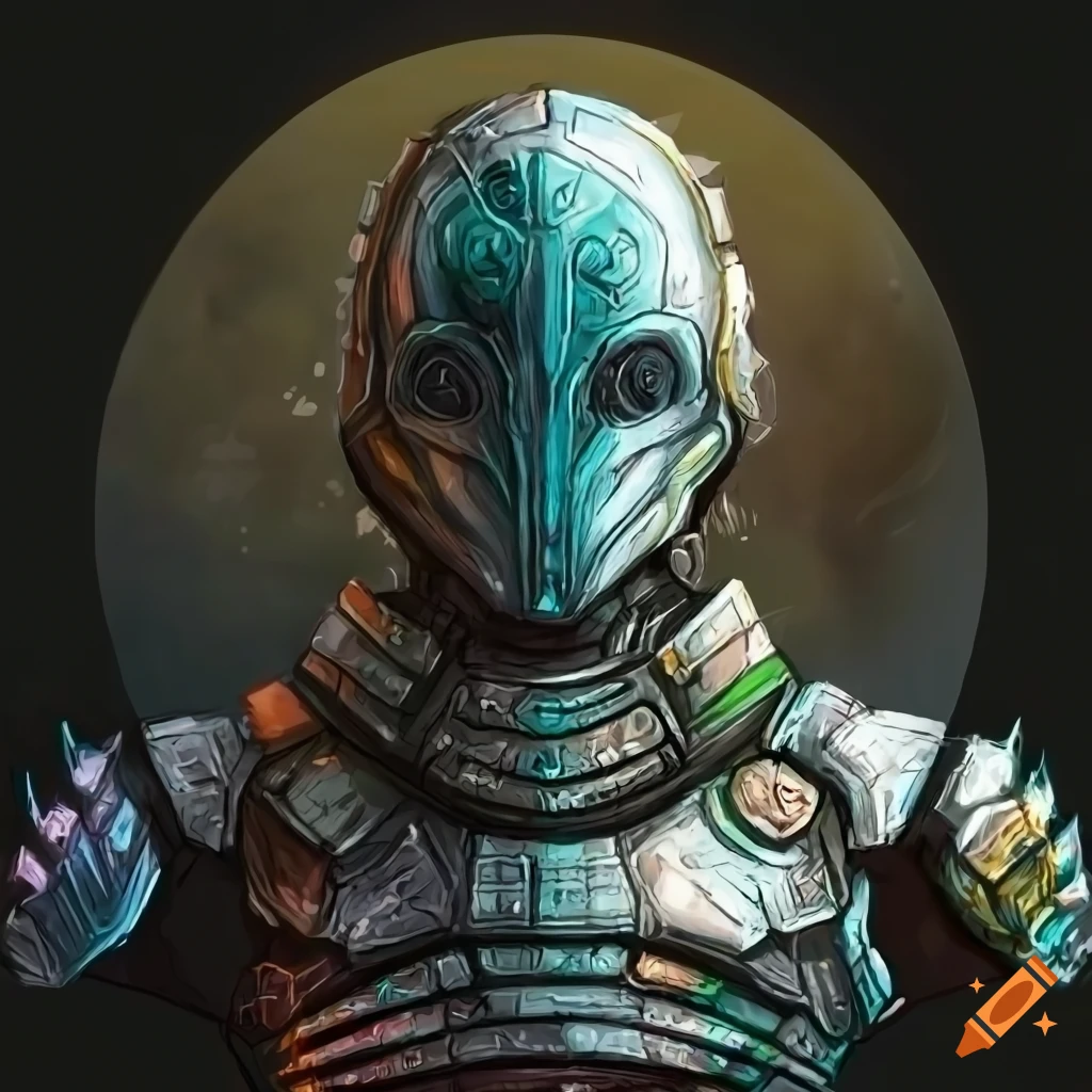 Portrait of a person in sci-fi armor scanning surrounding landscape on ...