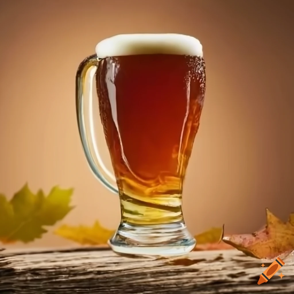 Amber beer in a wood with tree leaves falling