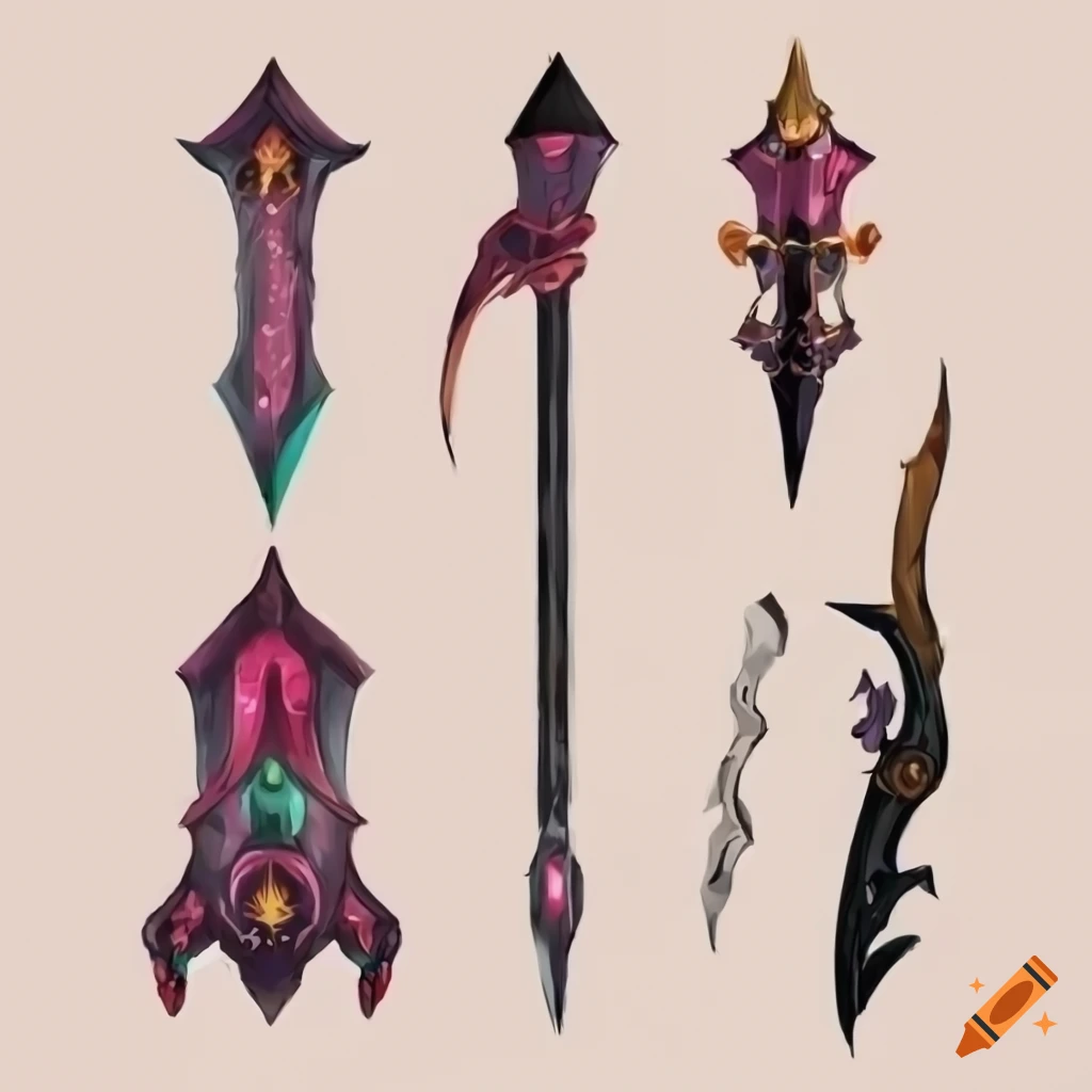 Different weapon designs, spears for anime characters. or a setting image.  draw one type per illustration on Craiyon