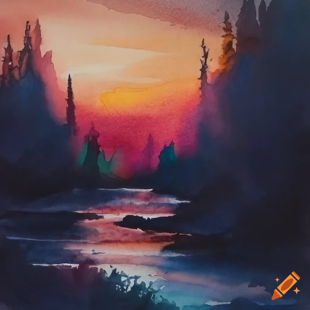 Watercolor landscape painting in roland reiff style, very intensive