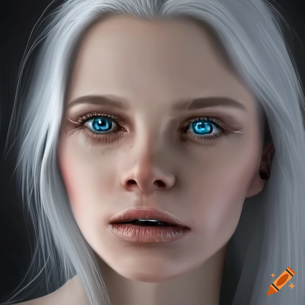 Realistic digital portrait of a woman with white hair and blue eyes on ...