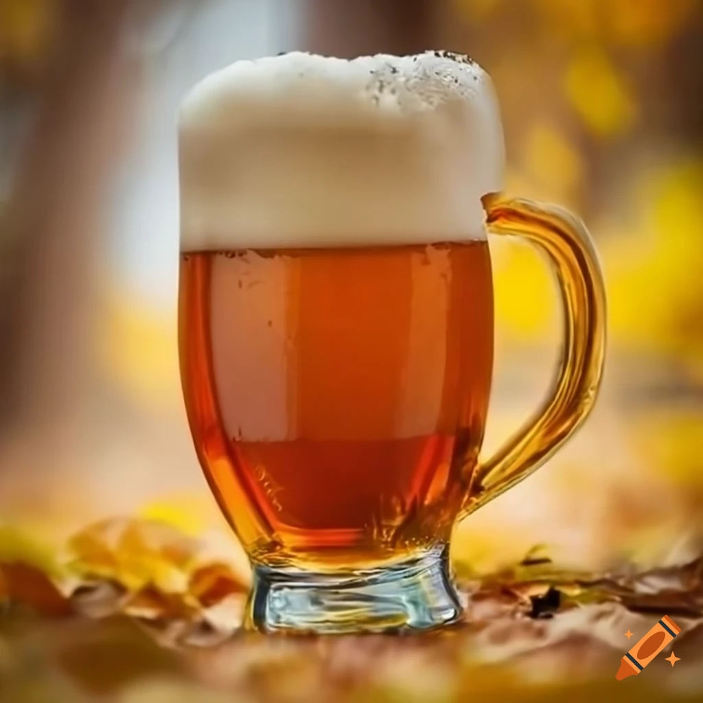 A glass of amber beer in an autumn forest