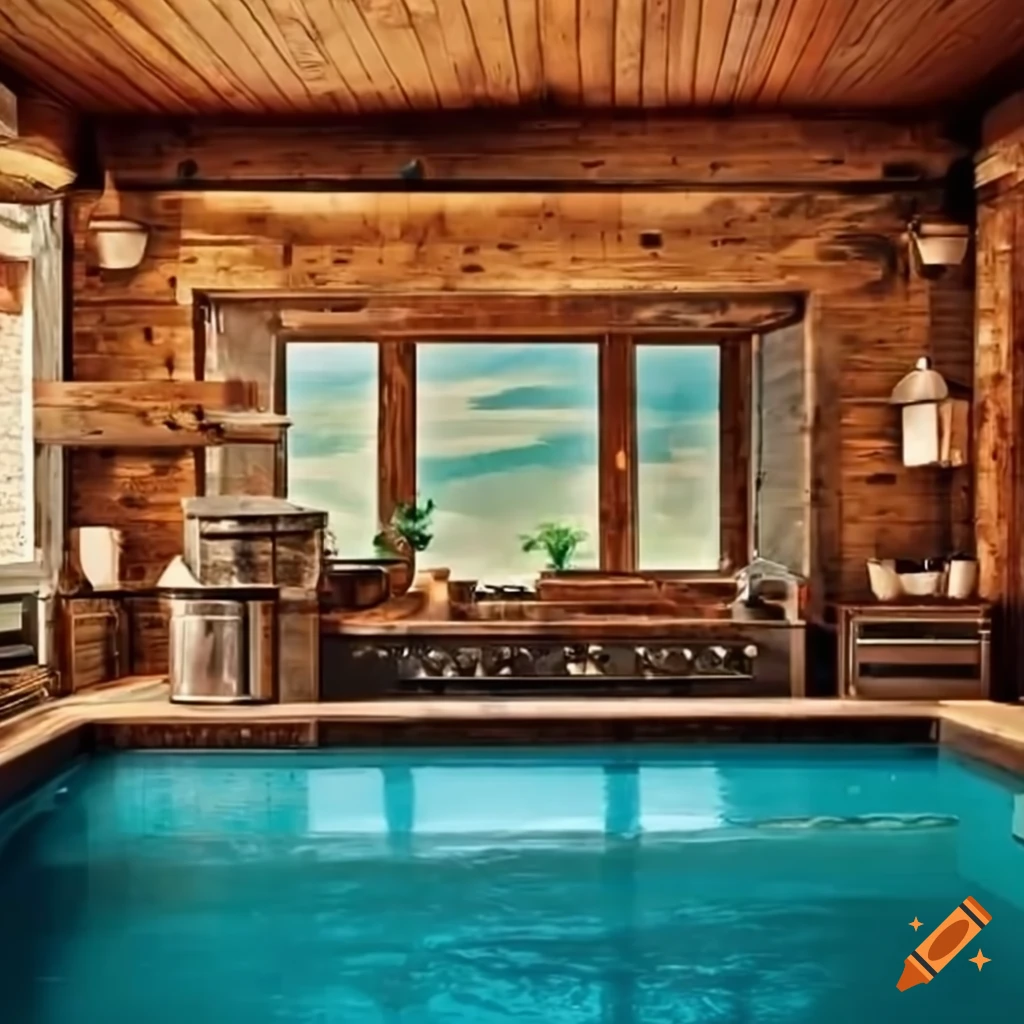 Infinity pool with rustic kitchen