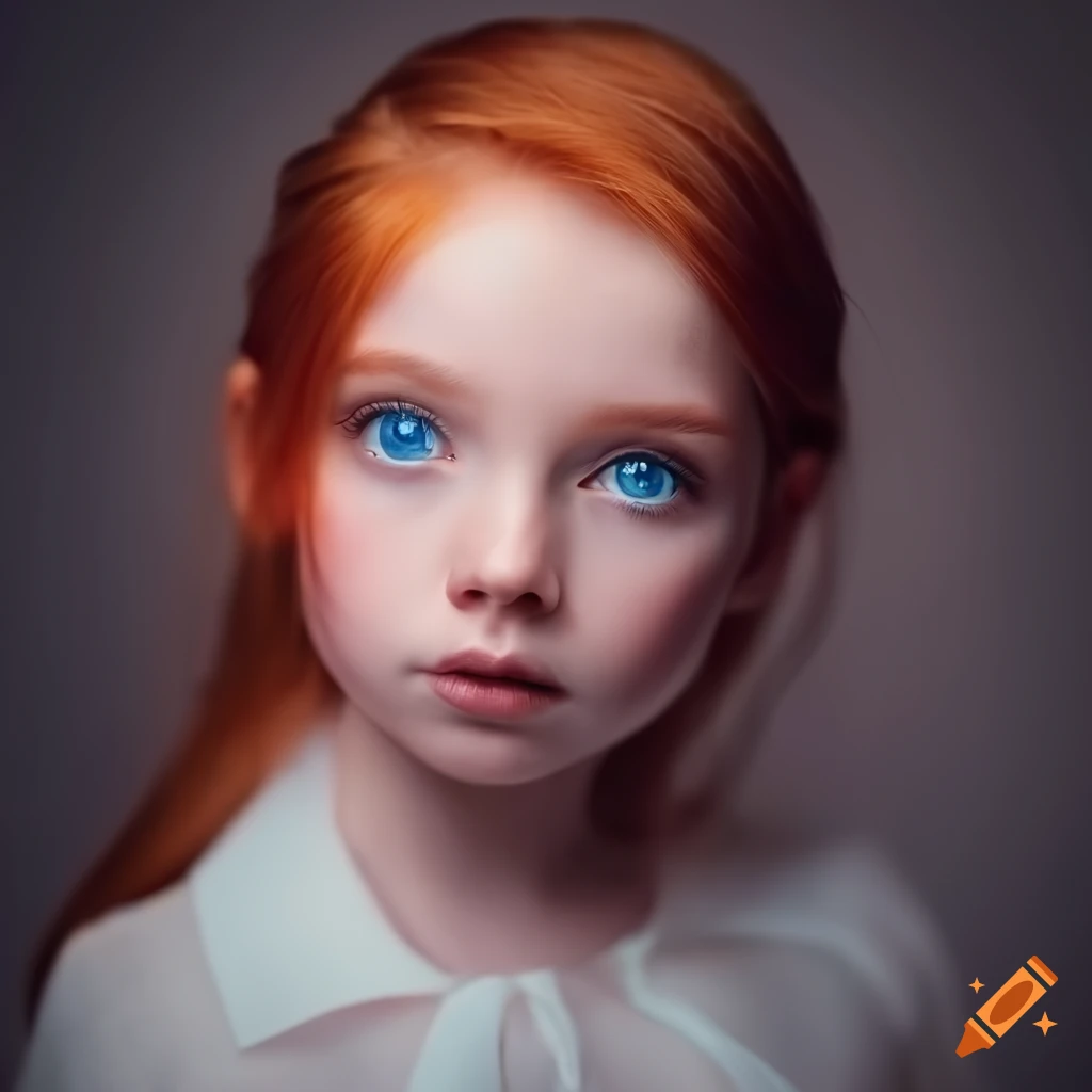 Girl with long red hair and blue eyes, wearing a white blouse with blue ribbon, portrait