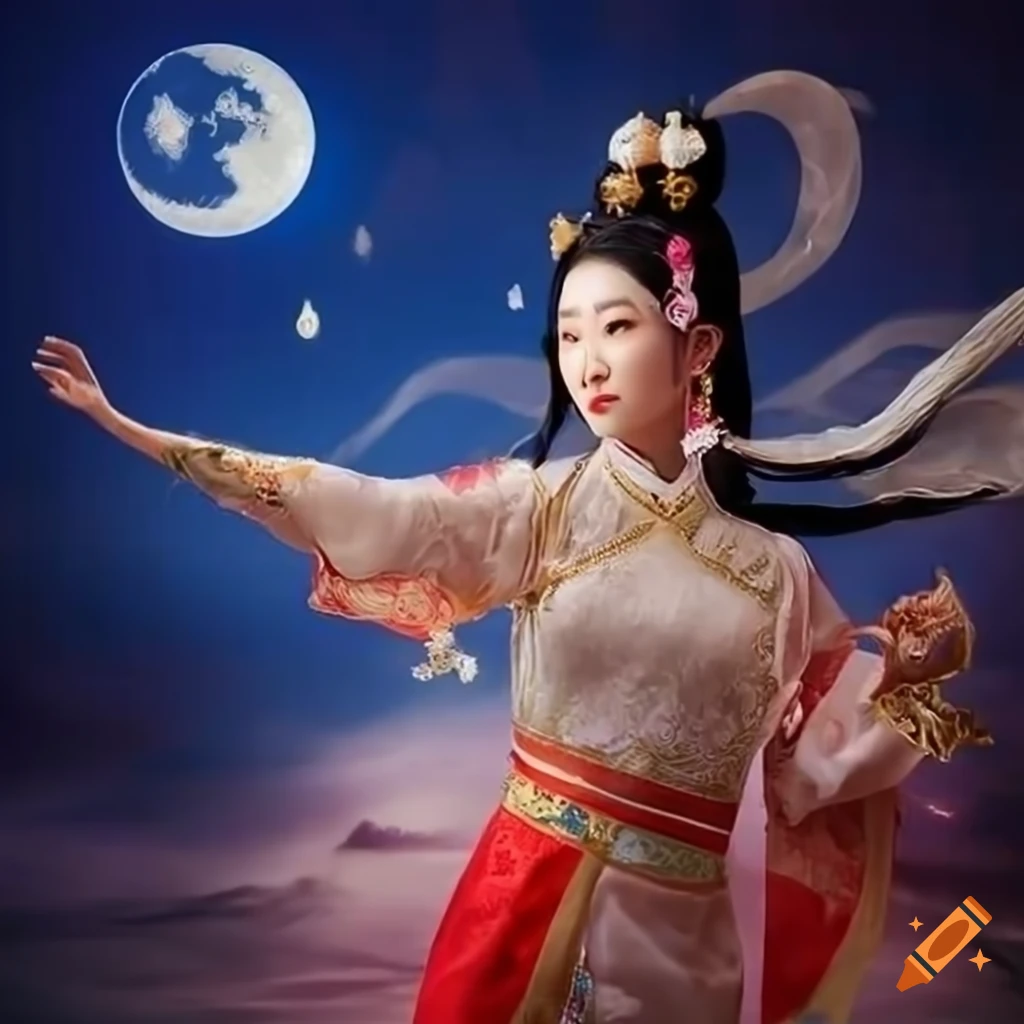 Chinese moon faerie goddess chang'e and white jade rabbit floating and  dancing on the moon beautiful traditional chinese dress on Craiyon