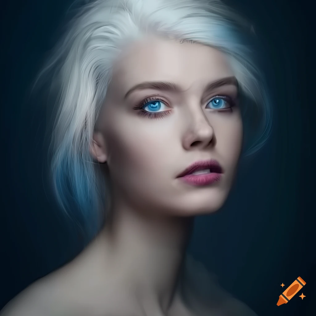 Digital portrait of a beautiful woman with white hair and blue eyes
