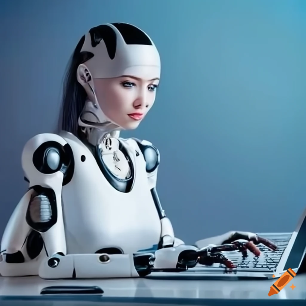 The robot girl is typing on the computer on Craiyon
