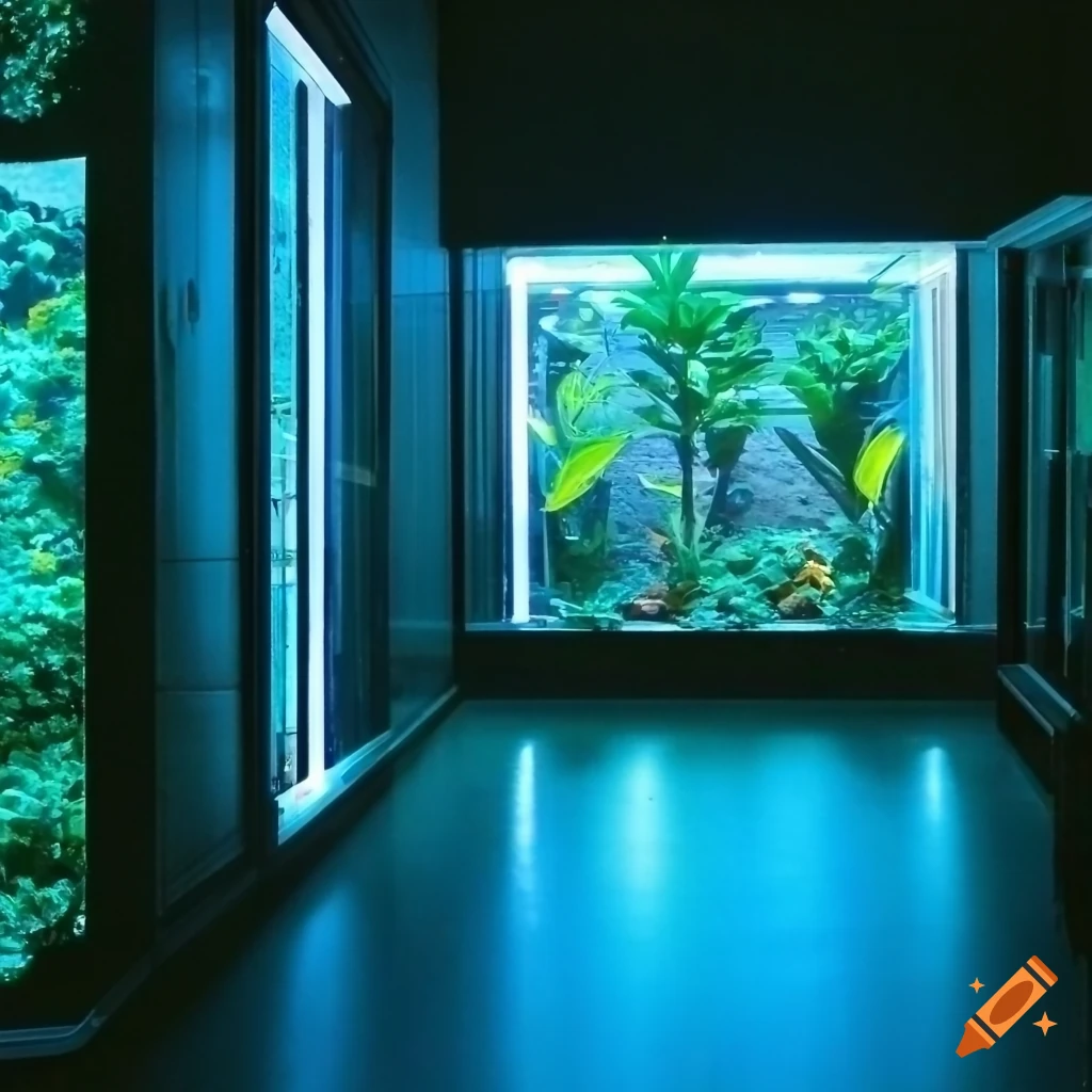 Inside of an aquarium with rows of glass windows, few palm leaves, room,  dark, little lighting, faint neon lights on Craiyon