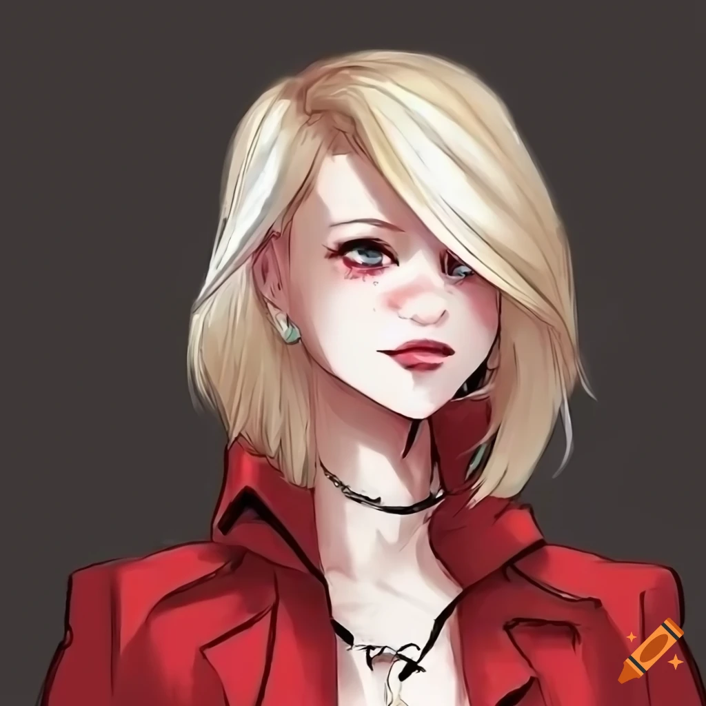 Blonde elven, bob hair and red trench coat, red tie, white shirt, manga ...
