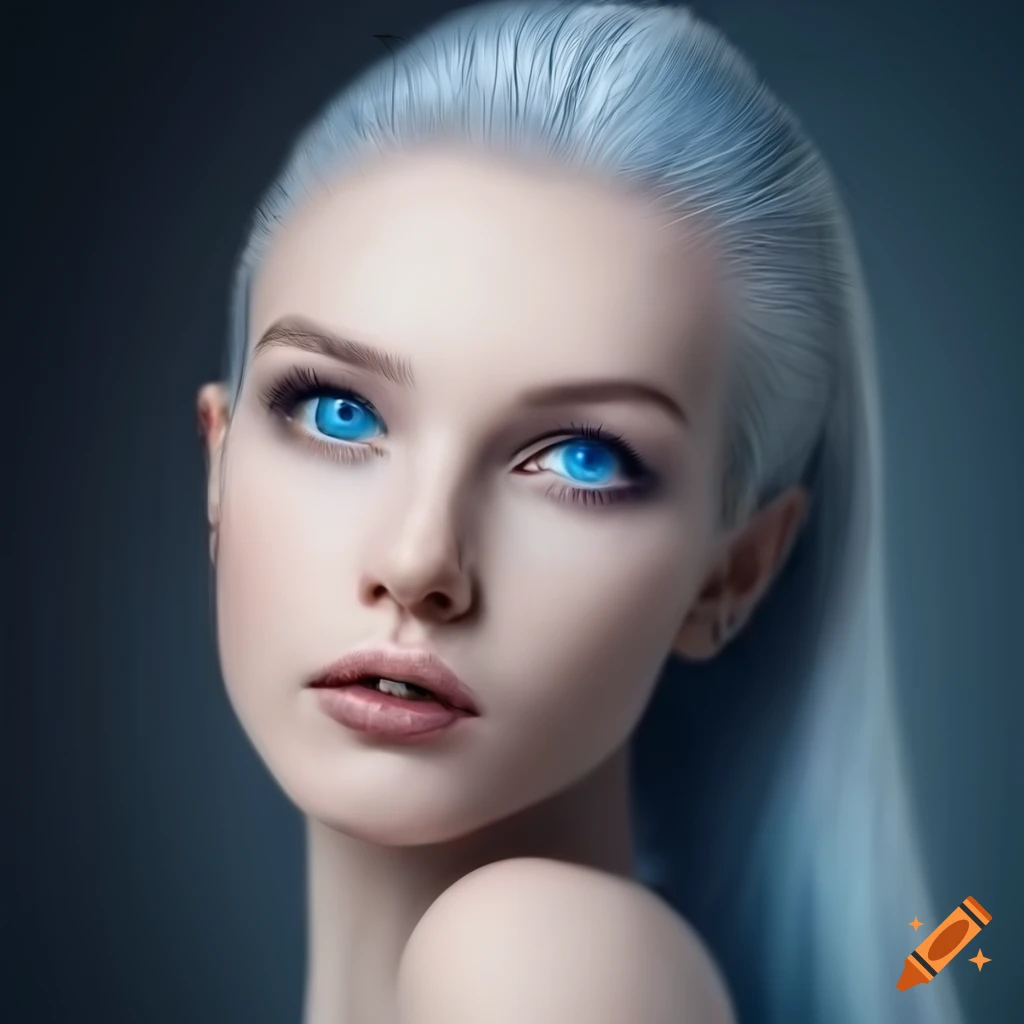Digital portrait of a beautiful woman with white hair and blue eyes