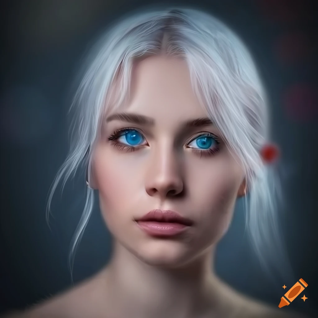Realistic digital portrait of a woman with white hair and blue eyes