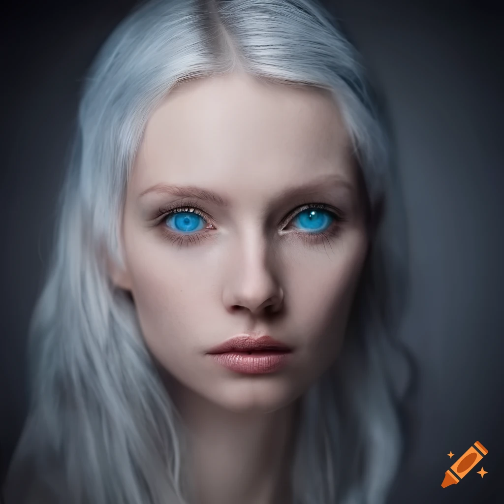 Portrait of an elegant pale young woman with striking blue eyes and ...