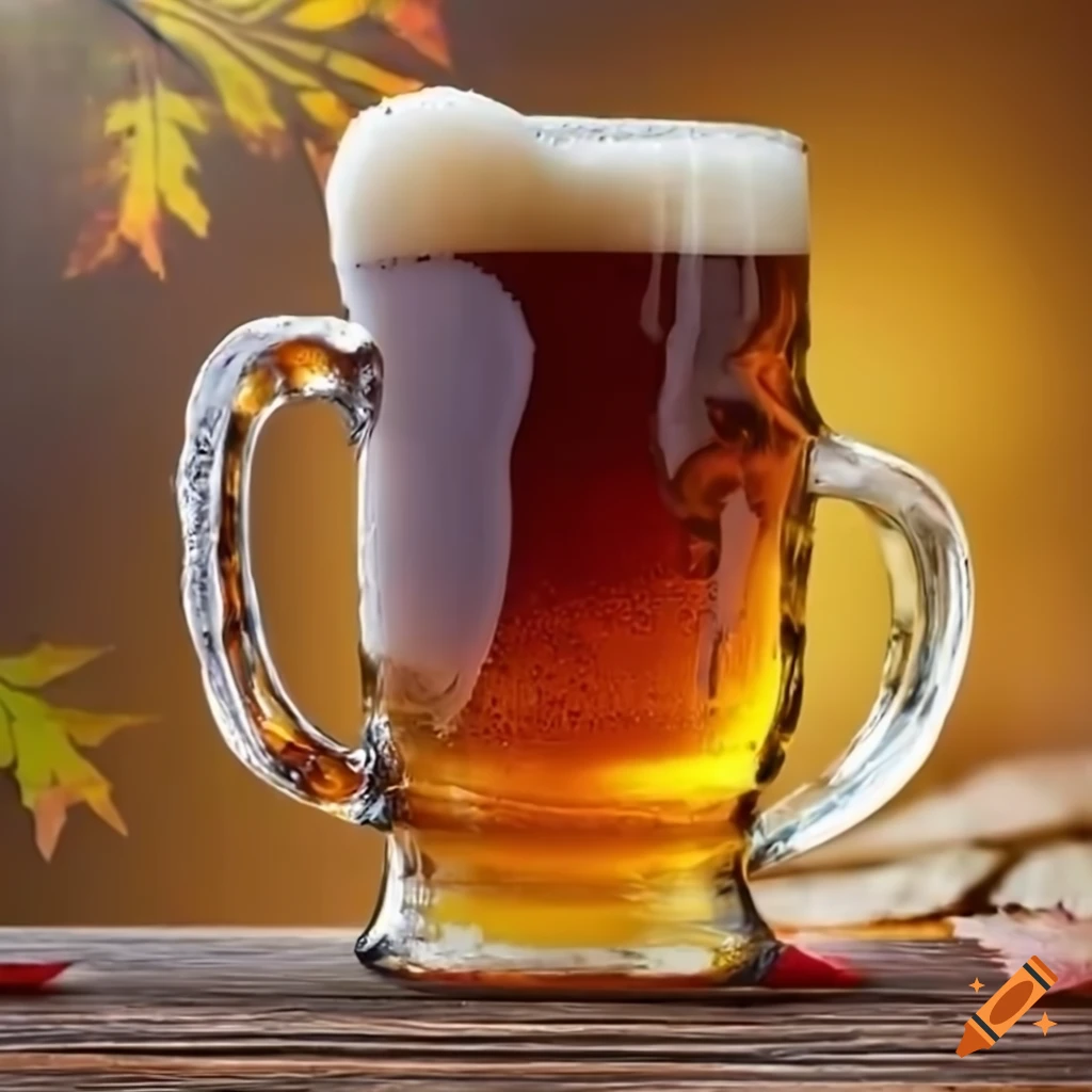 Amber beer on a wood table with autumn background on Craiyon