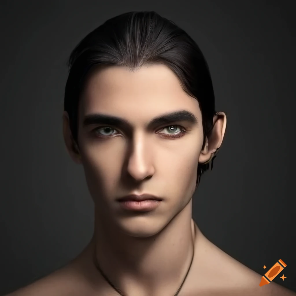 Headshot of a handsome man with green eyes and long dark hair