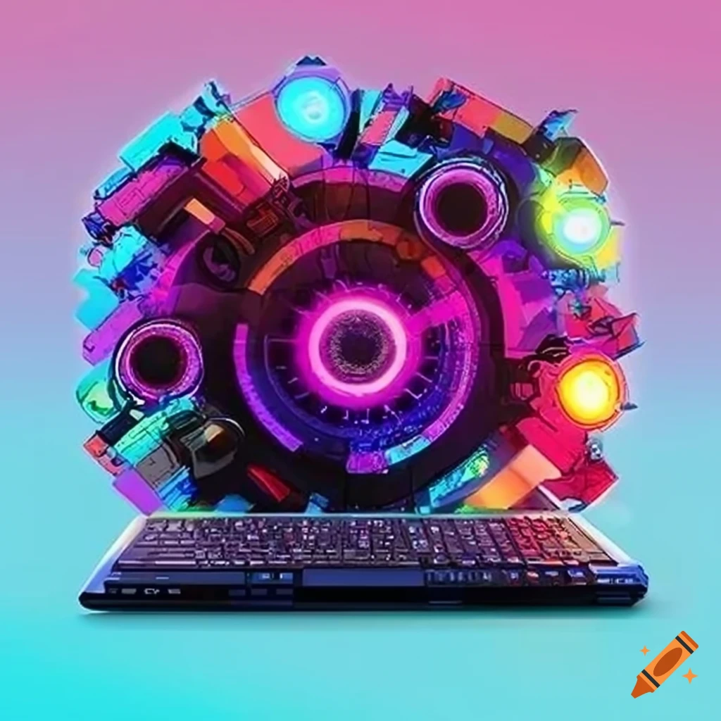 Create a vibrant and dynamic stickerbomb design for a laptop that