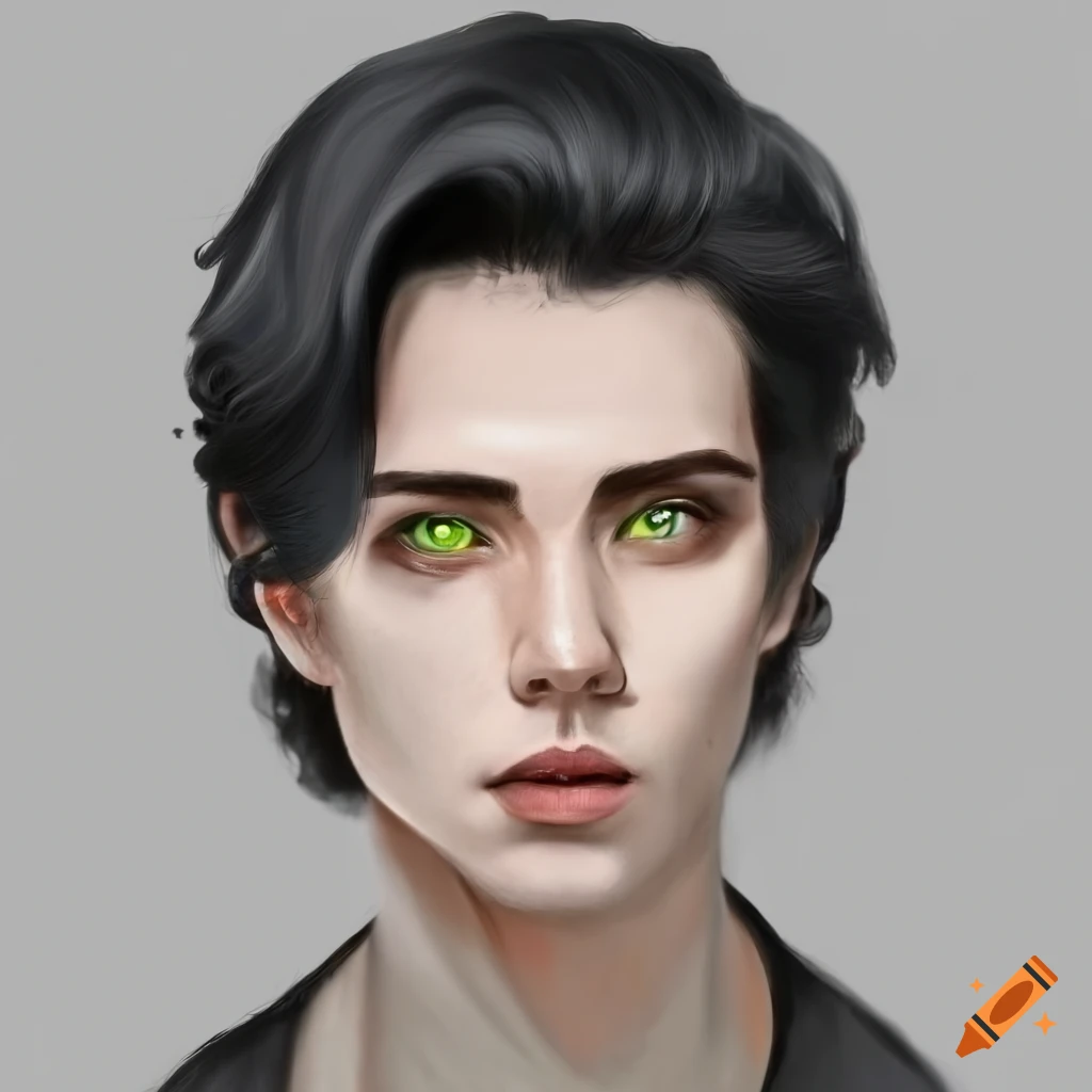 Portrait of a charming man with black hair and green eyes on Craiyon