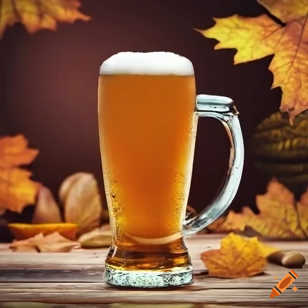Amber beer on a wood table with autumn background