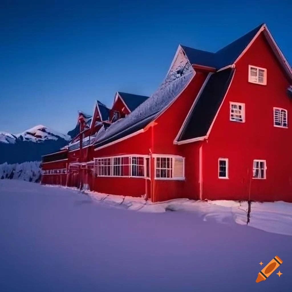 Red hotel in snowy mountains