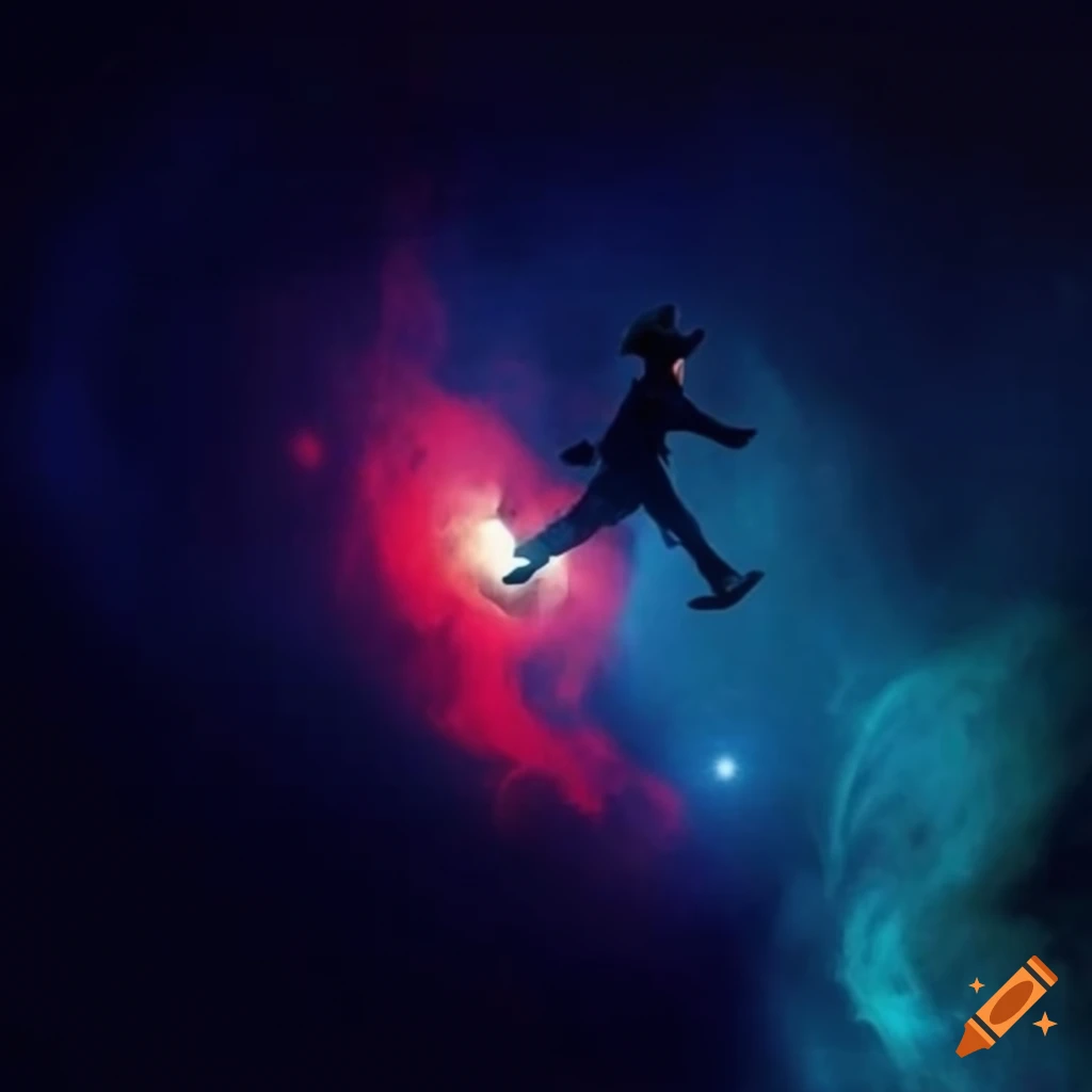 Charlie Chaplin flying through a nebula in the style of movie poster