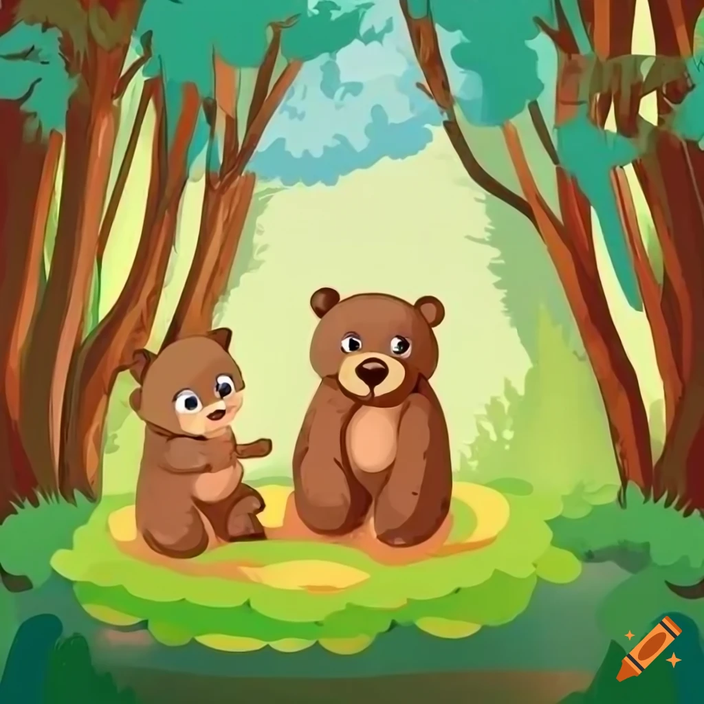 Children's book illustration of baby bear and mother enjoying life in ...