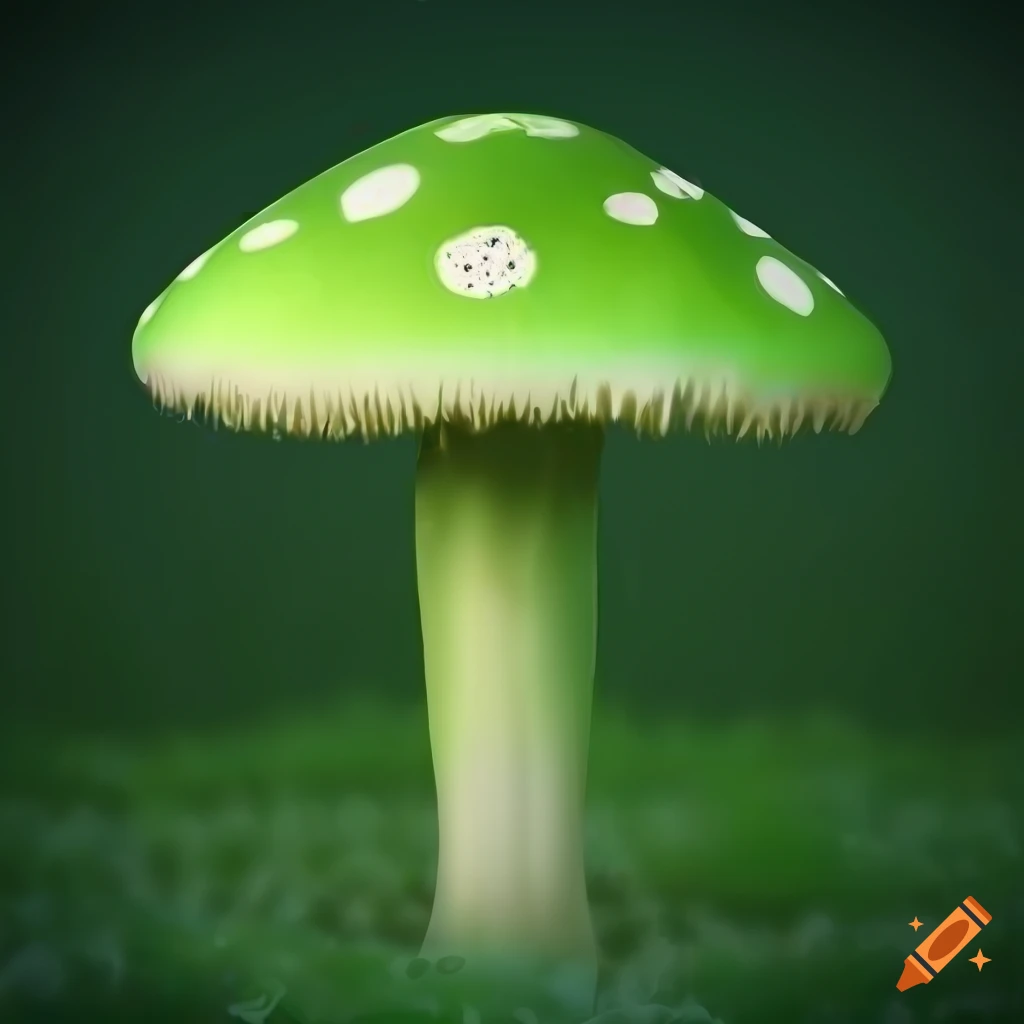 Lime green mushroom with white spots and skeleton stem that has red dot eyes, digital art