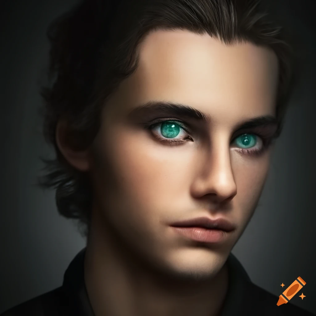 Headshot of a handsome man with green eyes and long dark hair