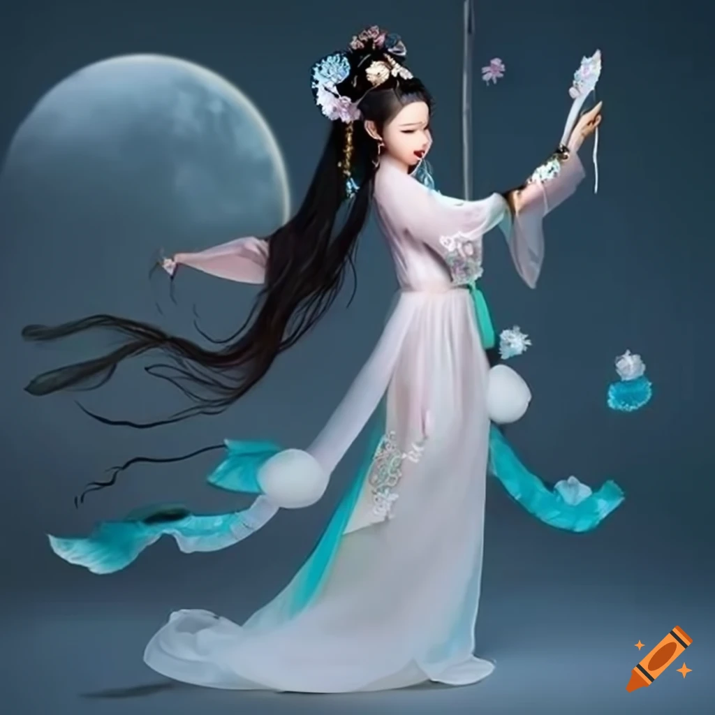 Chinese moon faerie goddess chang'e and white jade rabbit floating and  dancing beautiful traditional chinese dress on Craiyon