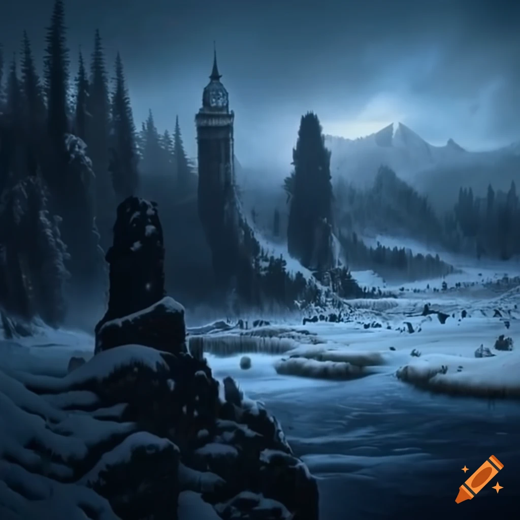 Lords of midnight, snowy landscape, midday, high definition