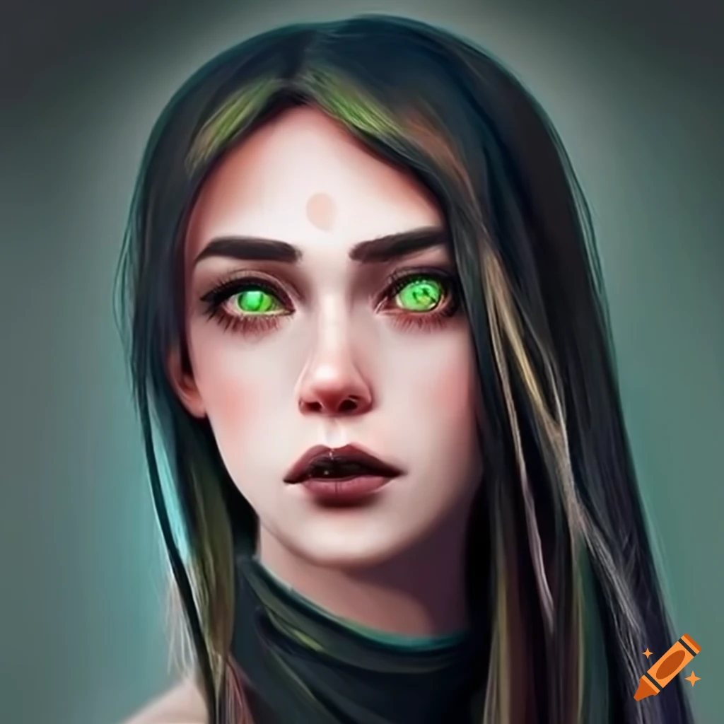 You turn to see a woman with long dark hair and bright green eyes, a ...