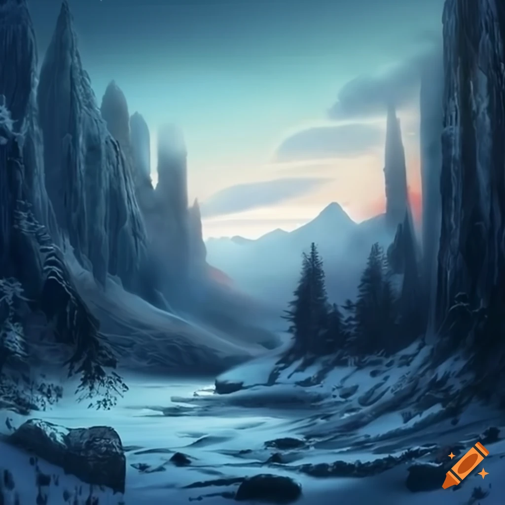 Lords of midnight, snowy landscape, midday, high definition