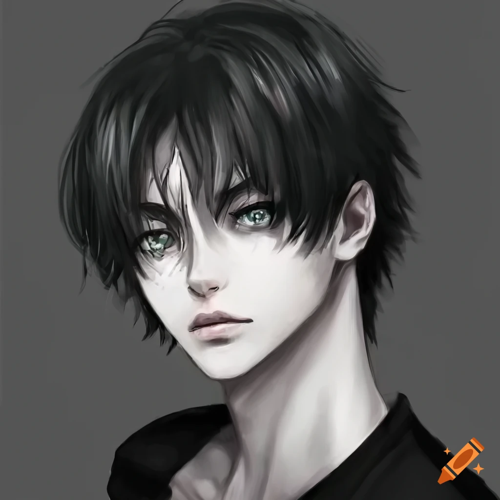 highly detailed portrait of a handsome young man with shoulder-lenght black hair and green eyes