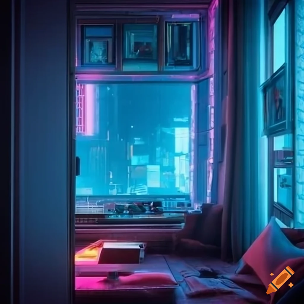 Cyberpunk appartement futuriste avec une table devant une fenêtre on ...