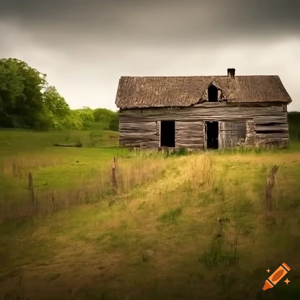 ancient abandoned farm in a peaceful and serene field