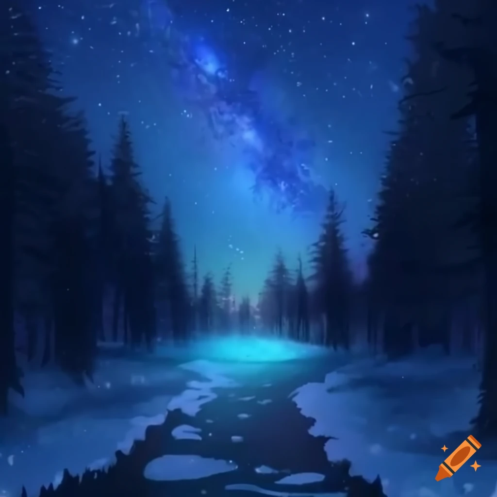 Snowy forest under the starry night sky on Craiyon