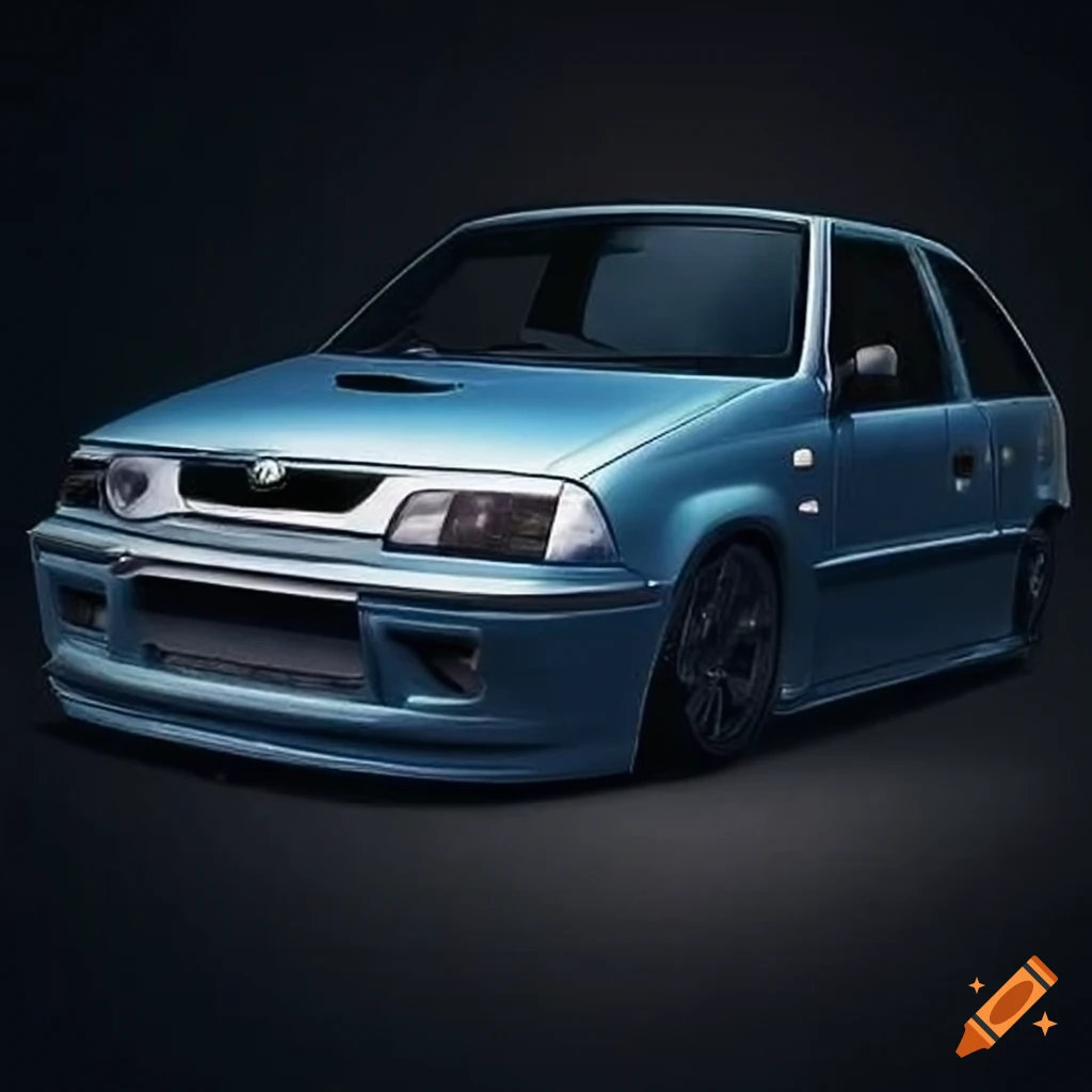 Modified blue nissan micra with wide body kit and large spoiler on Craiyon