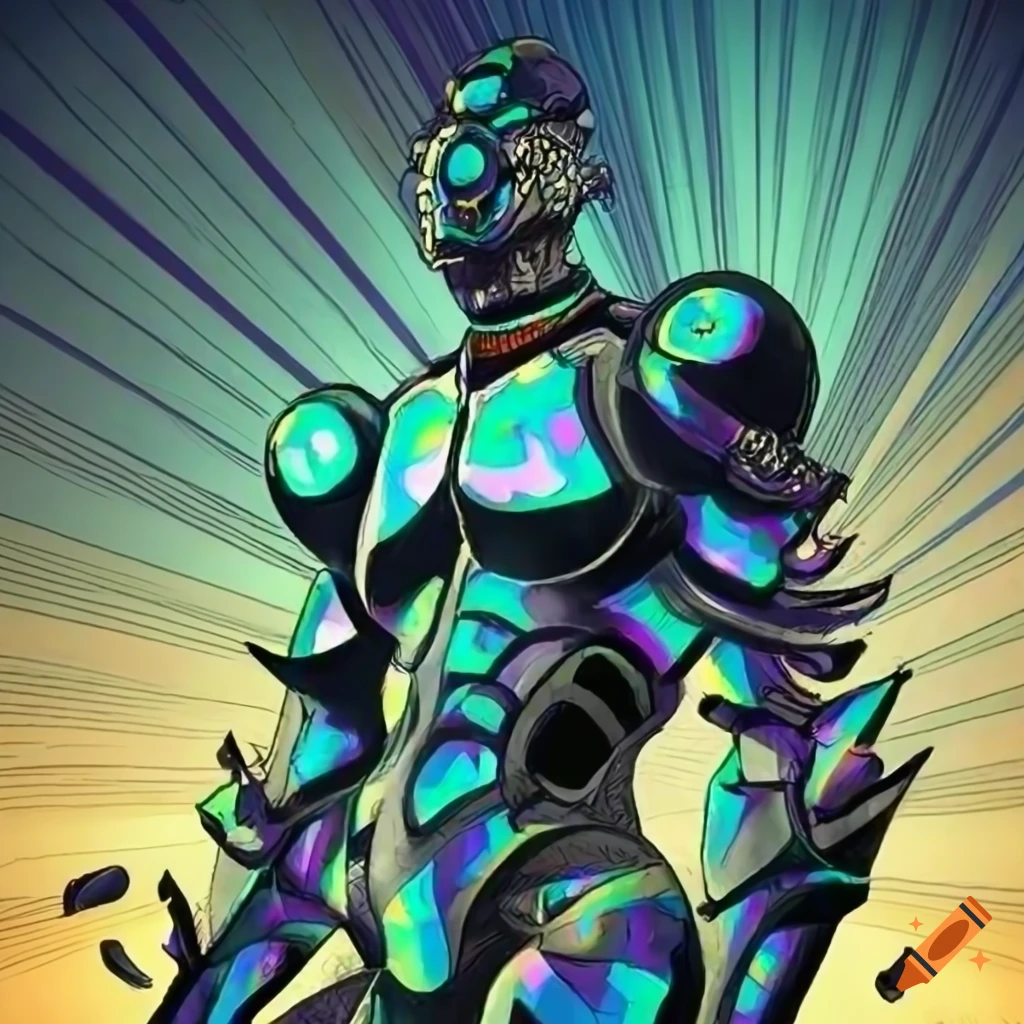 Jojo stand with a green and white armor, drawn in comic-book style