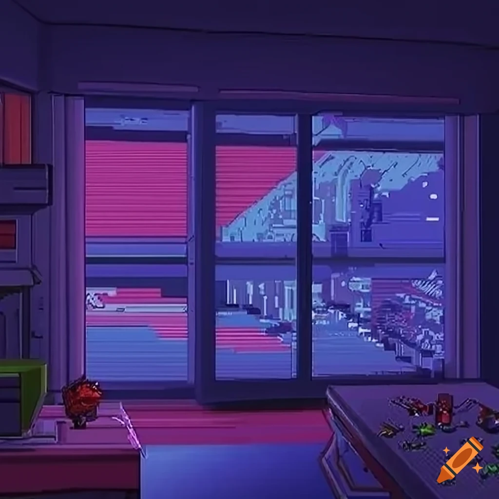 Woman in lofi apartment city view lights with lots o...