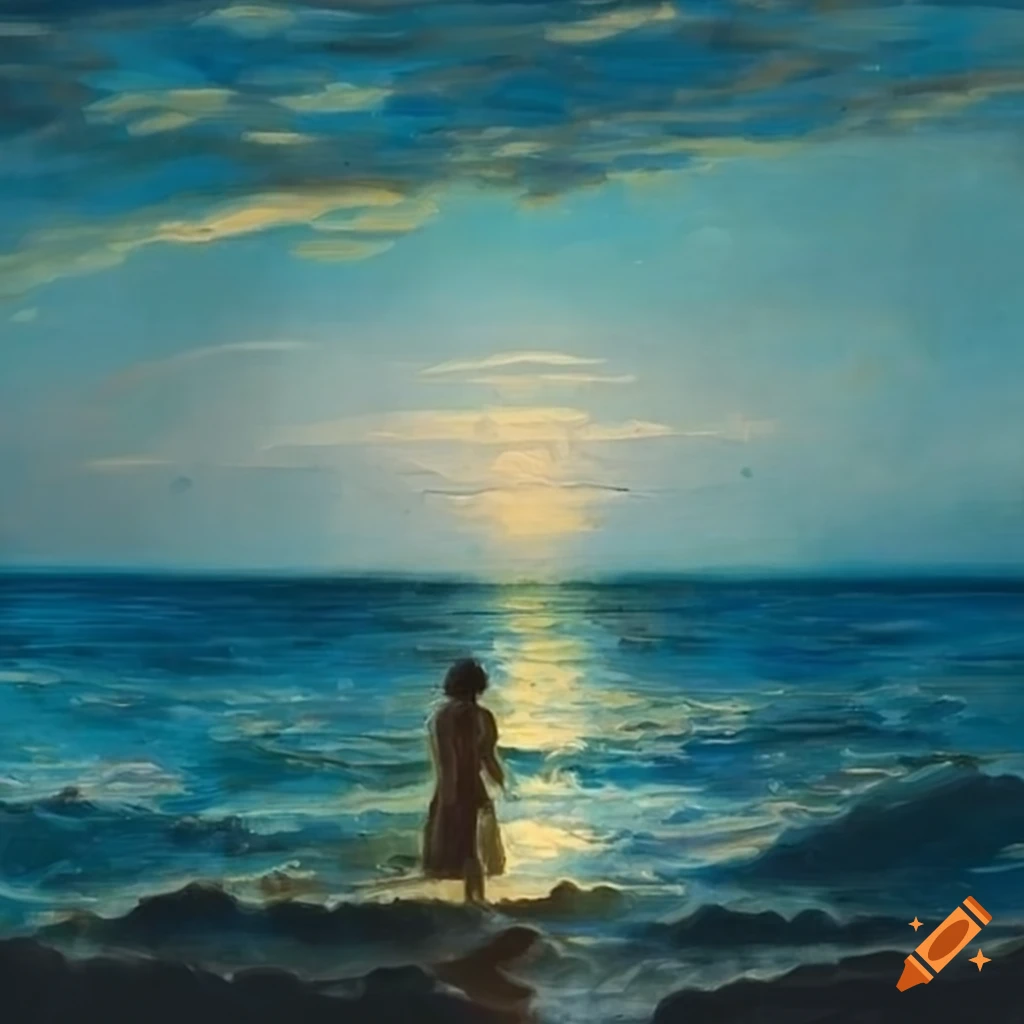 A vintage painting of a woman standing and looking at the ocean
