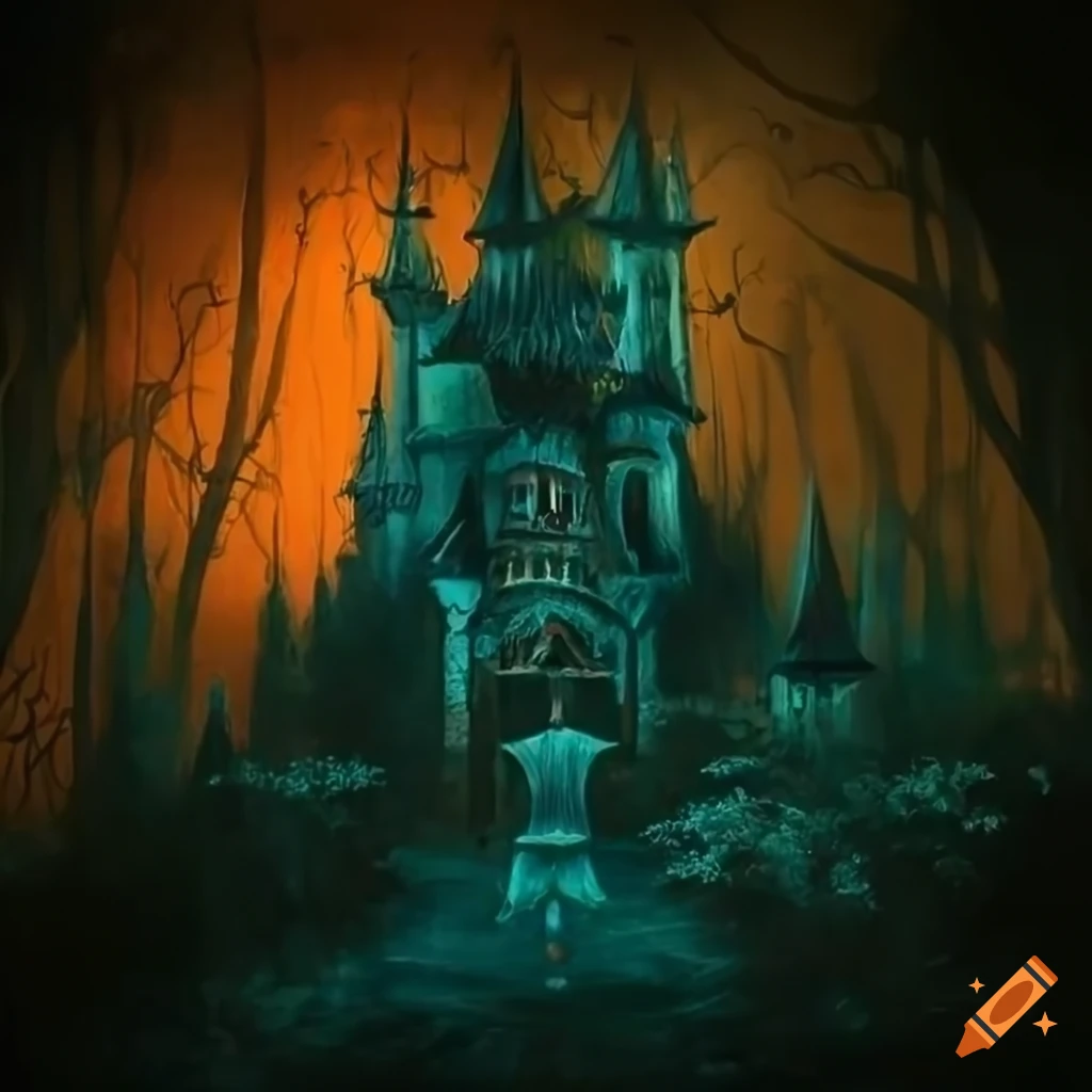 A painting of a large, glowing castle in the forest, in the style of ...