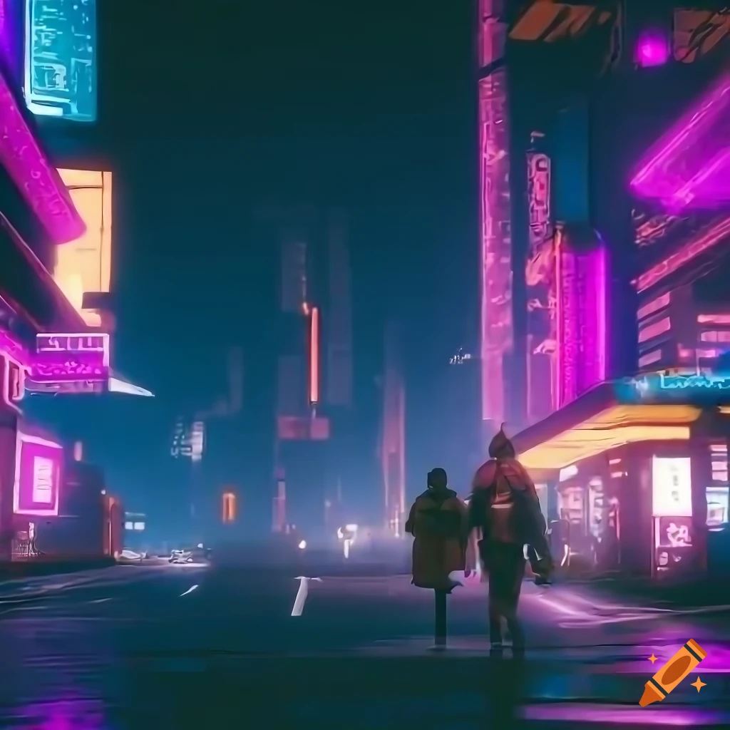 Cyberpunk girl in modern city by the road side with people walking