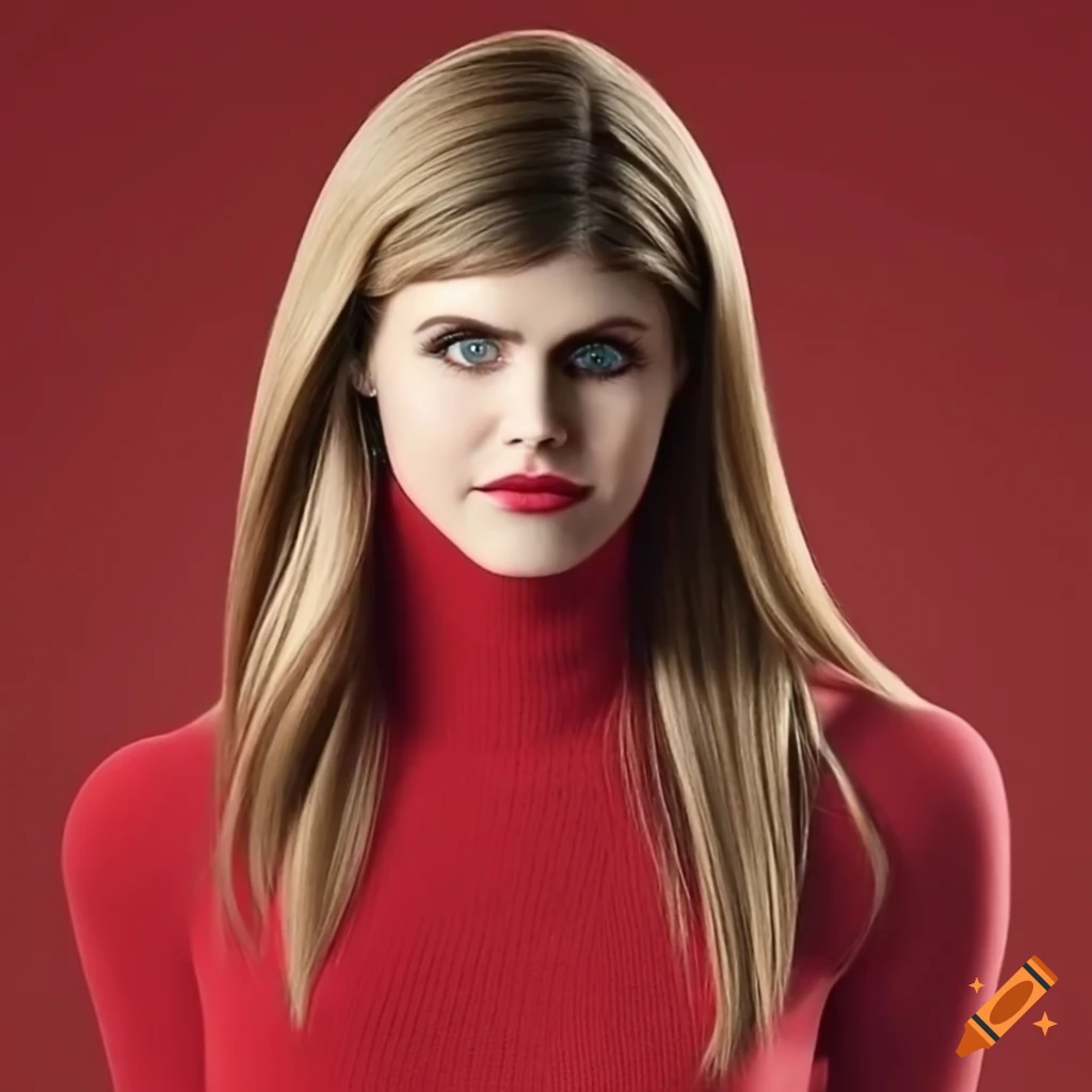 Alexandra daddario with long straight blonde hair, smiling, red turtleneck  sweater. red background on Craiyon