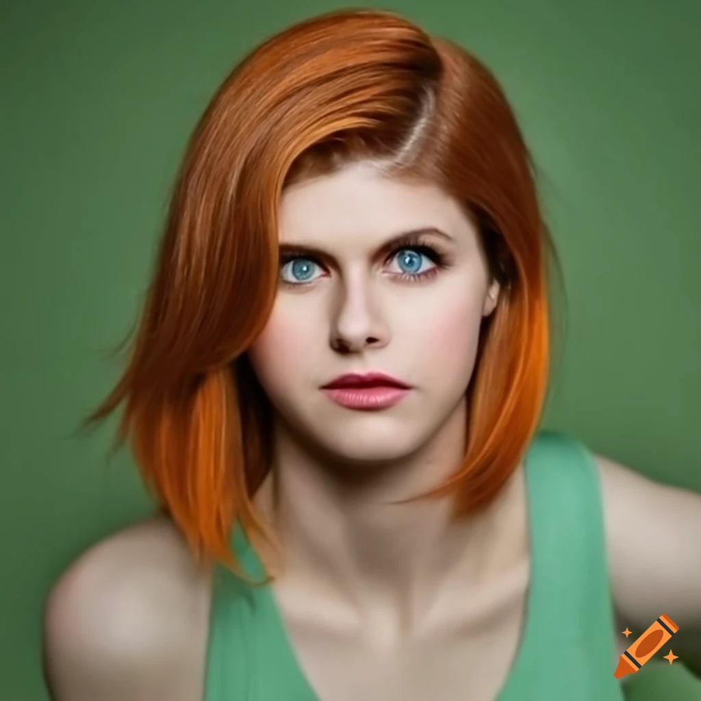 Alexandra daddario with bob orange hair, a fringe, light green tank top.  green background on Craiyon