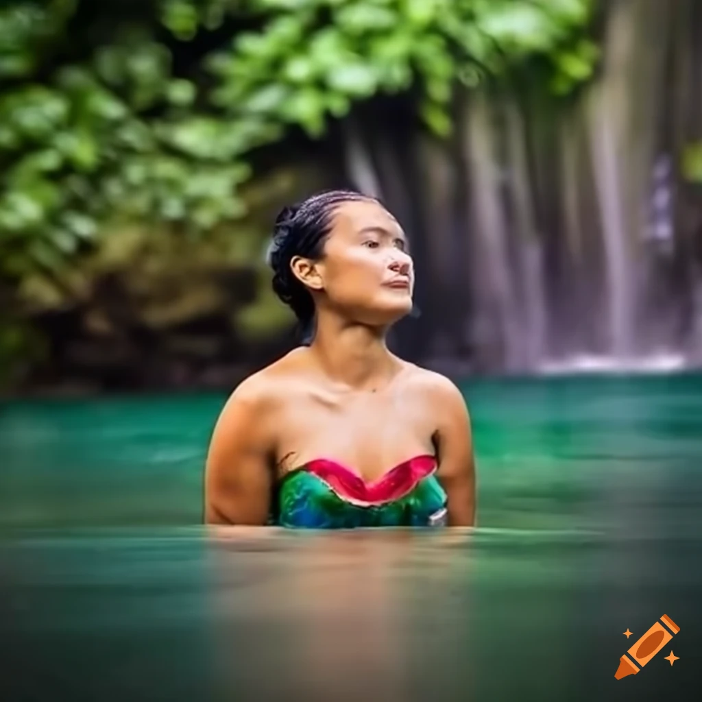 polynesian woman bathing under a waterfall